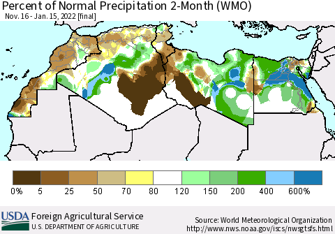 North Africa Percent of Normal Precipitation 2-Month (WMO) Thematic Map For 11/16/2021 - 1/15/2022