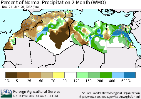 North Africa Percent of Normal Precipitation 2-Month (WMO) Thematic Map For 11/21/2021 - 1/20/2022