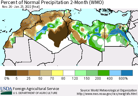 North Africa Percent of Normal Precipitation 2-Month (WMO) Thematic Map For 11/26/2021 - 1/25/2022