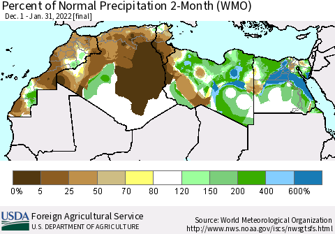 North Africa Percent of Normal Precipitation 2-Month (WMO) Thematic Map For 12/1/2021 - 1/31/2022