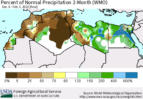 North Africa Percent of Normal Precipitation 2-Month (WMO) Thematic Map For 12/6/2021 - 2/5/2022