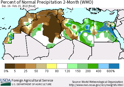 North Africa Percent of Normal Precipitation 2-Month (WMO) Thematic Map For 12/16/2021 - 2/15/2022