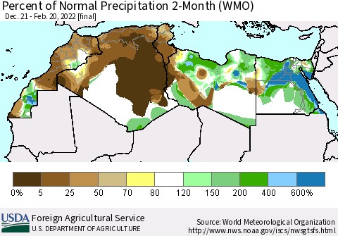 North Africa Percent of Normal Precipitation 2-Month (WMO) Thematic Map For 12/21/2021 - 2/20/2022