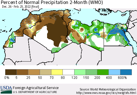 North Africa Percent of Normal Precipitation 2-Month (WMO) Thematic Map For 12/26/2021 - 2/25/2022