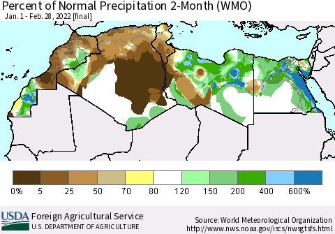 North Africa Percent of Normal Precipitation 2-Month (WMO) Thematic Map For 1/1/2022 - 2/28/2022
