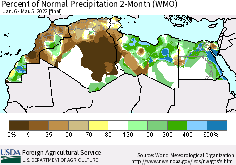 North Africa Percent of Normal Precipitation 2-Month (WMO) Thematic Map For 1/6/2022 - 3/5/2022