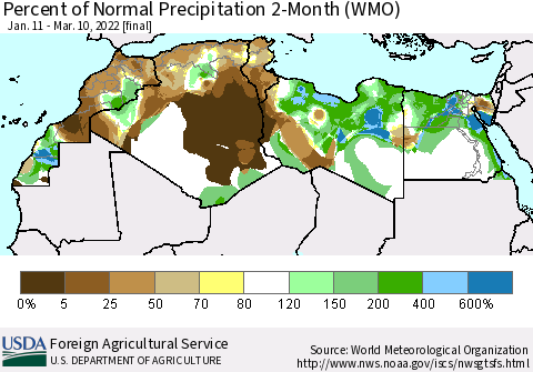 North Africa Percent of Normal Precipitation 2-Month (WMO) Thematic Map For 1/11/2022 - 3/10/2022