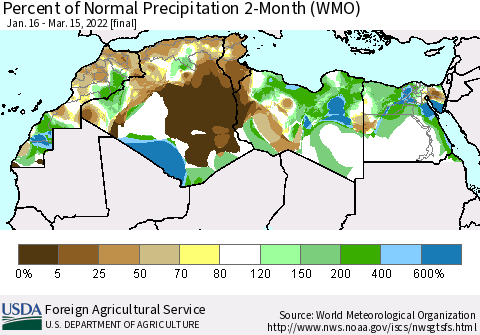 North Africa Percent of Normal Precipitation 2-Month (WMO) Thematic Map For 1/16/2022 - 3/15/2022