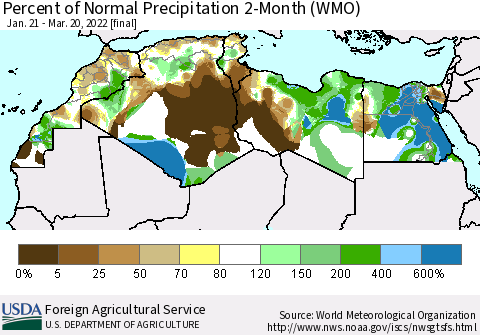 North Africa Percent of Normal Precipitation 2-Month (WMO) Thematic Map For 1/21/2022 - 3/20/2022