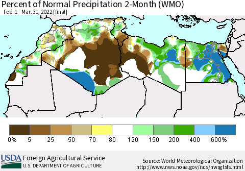 North Africa Percent of Normal Precipitation 2-Month (WMO) Thematic Map For 2/1/2022 - 3/31/2022
