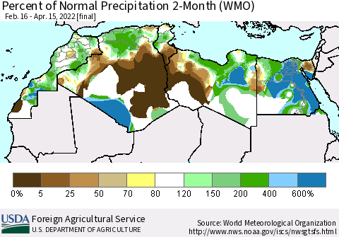 North Africa Percent of Normal Precipitation 2-Month (WMO) Thematic Map For 2/16/2022 - 4/15/2022