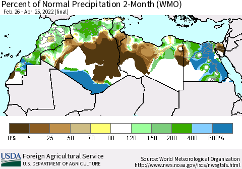 North Africa Percent of Normal Precipitation 2-Month (WMO) Thematic Map For 2/26/2022 - 4/25/2022