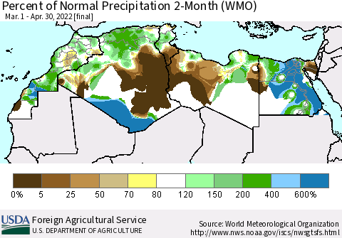 North Africa Percent of Normal Precipitation 2-Month (WMO) Thematic Map For 3/1/2022 - 4/30/2022