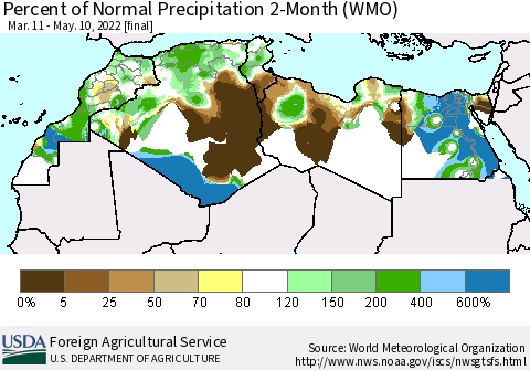 North Africa Percent of Normal Precipitation 2-Month (WMO) Thematic Map For 3/11/2022 - 5/10/2022