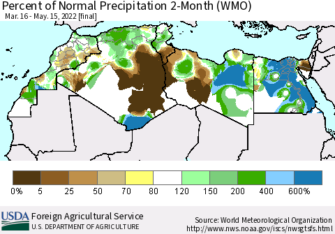 North Africa Percent of Normal Precipitation 2-Month (WMO) Thematic Map For 3/16/2022 - 5/15/2022