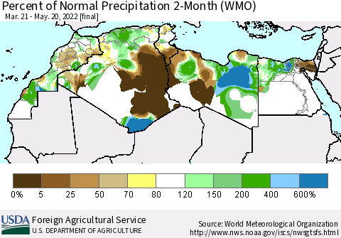 North Africa Percent of Normal Precipitation 2-Month (WMO) Thematic Map For 3/21/2022 - 5/20/2022