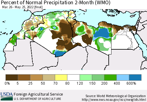North Africa Percent of Normal Precipitation 2-Month (WMO) Thematic Map For 3/26/2022 - 5/25/2022