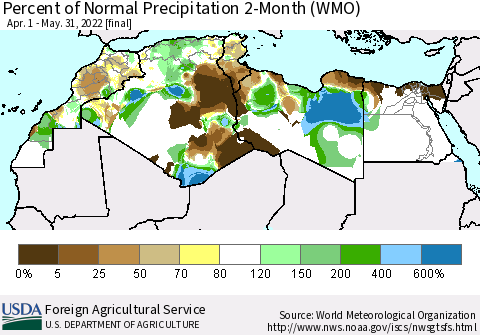North Africa Percent of Normal Precipitation 2-Month (WMO) Thematic Map For 4/1/2022 - 5/31/2022