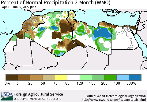 North Africa Percent of Normal Precipitation 2-Month (WMO) Thematic Map For 4/6/2022 - 6/5/2022