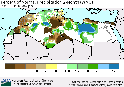 North Africa Percent of Normal Precipitation 2-Month (WMO) Thematic Map For 4/11/2022 - 6/10/2022