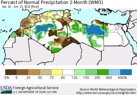 North Africa Percent of Normal Precipitation 2-Month (WMO) Thematic Map For 4/16/2022 - 6/15/2022