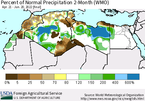 North Africa Percent of Normal Precipitation 2-Month (WMO) Thematic Map For 4/21/2022 - 6/20/2022