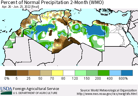 North Africa Percent of Normal Precipitation 2-Month (WMO) Thematic Map For 4/26/2022 - 6/25/2022