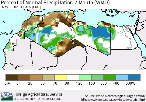 North Africa Percent of Normal Precipitation 2-Month (WMO) Thematic Map For 5/1/2022 - 6/30/2022