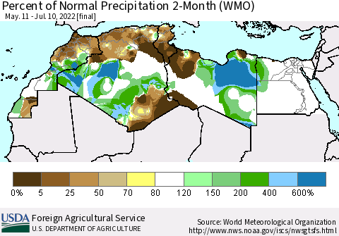 North Africa Percent of Normal Precipitation 2-Month (WMO) Thematic Map For 5/11/2022 - 7/10/2022