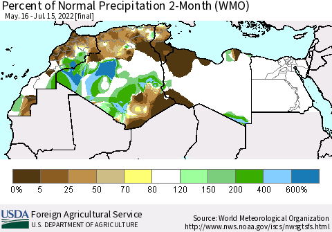 North Africa Percent of Normal Precipitation 2-Month (WMO) Thematic Map For 5/16/2022 - 7/15/2022