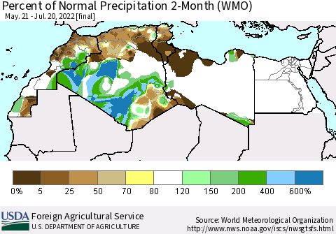 North Africa Percent of Normal Precipitation 2-Month (WMO) Thematic Map For 5/21/2022 - 7/20/2022