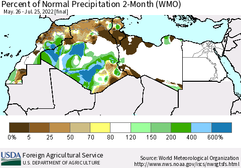 North Africa Percent of Normal Precipitation 2-Month (WMO) Thematic Map For 5/26/2022 - 7/25/2022