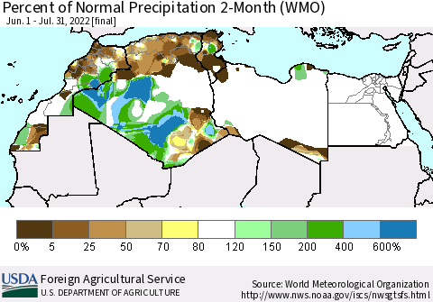 North Africa Percent of Normal Precipitation 2-Month (WMO) Thematic Map For 6/1/2022 - 7/31/2022