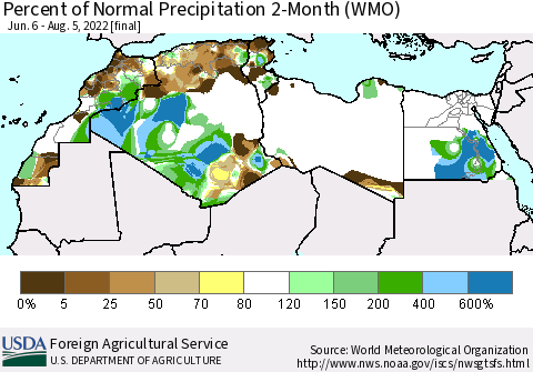 North Africa Percent of Normal Precipitation 2-Month (WMO) Thematic Map For 6/6/2022 - 8/5/2022