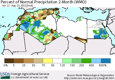 North Africa Percent of Normal Precipitation 2-Month (WMO) Thematic Map For 6/11/2022 - 8/10/2022