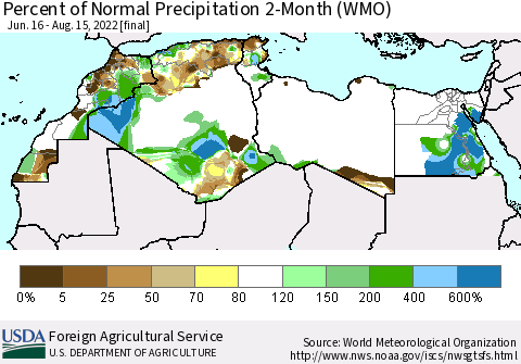 North Africa Percent of Normal Precipitation 2-Month (WMO) Thematic Map For 6/16/2022 - 8/15/2022