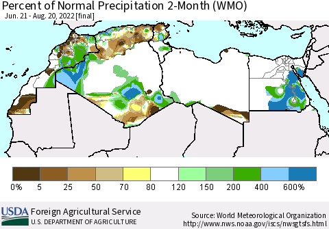 North Africa Percent of Normal Precipitation 2-Month (WMO) Thematic Map For 6/21/2022 - 8/20/2022