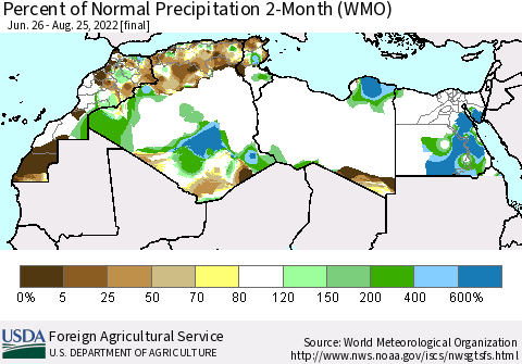 North Africa Percent of Normal Precipitation 2-Month (WMO) Thematic Map For 6/26/2022 - 8/25/2022