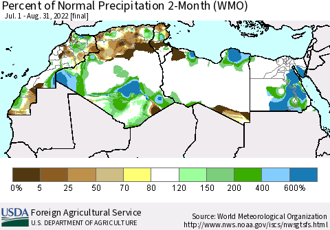 North Africa Percent of Normal Precipitation 2-Month (WMO) Thematic Map For 7/1/2022 - 8/31/2022
