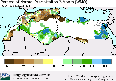 North Africa Percent of Normal Precipitation 2-Month (WMO) Thematic Map For 7/6/2022 - 9/5/2022