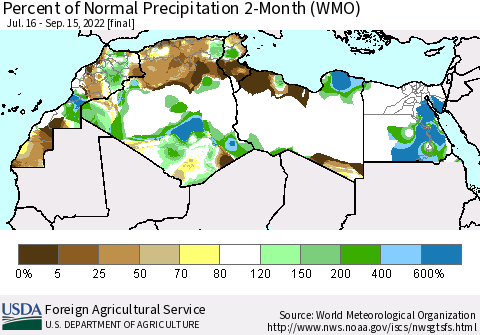 North Africa Percent of Normal Precipitation 2-Month (WMO) Thematic Map For 7/16/2022 - 9/15/2022