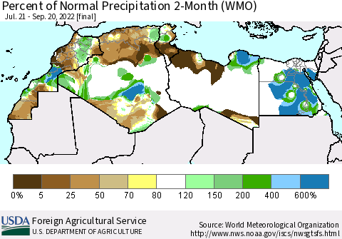 North Africa Percent of Normal Precipitation 2-Month (WMO) Thematic Map For 7/21/2022 - 9/20/2022