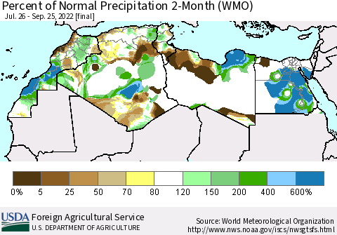 North Africa Percent of Normal Precipitation 2-Month (WMO) Thematic Map For 7/26/2022 - 9/25/2022