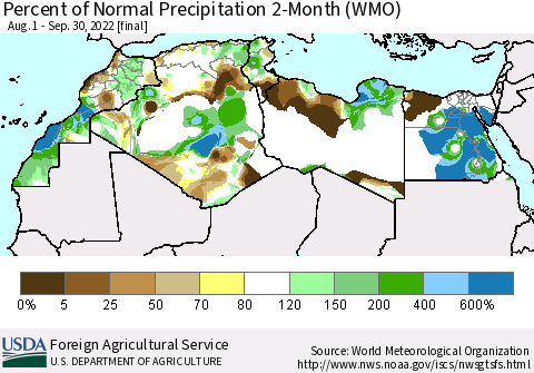 North Africa Percent of Normal Precipitation 2-Month (WMO) Thematic Map For 8/1/2022 - 9/30/2022