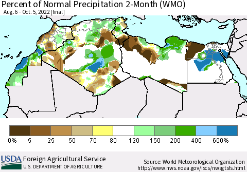 North Africa Percent of Normal Precipitation 2-Month (WMO) Thematic Map For 8/6/2022 - 10/5/2022