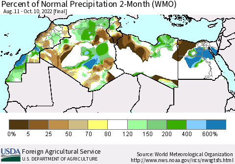 North Africa Percent of Normal Precipitation 2-Month (WMO) Thematic Map For 8/11/2022 - 10/10/2022