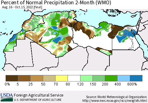 North Africa Percent of Normal Precipitation 2-Month (WMO) Thematic Map For 8/16/2022 - 10/15/2022
