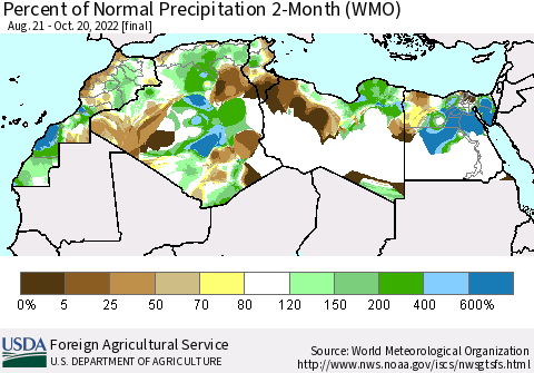 North Africa Percent of Normal Precipitation 2-Month (WMO) Thematic Map For 8/21/2022 - 10/20/2022