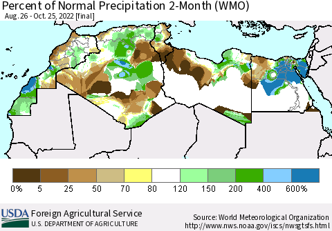 North Africa Percent of Normal Precipitation 2-Month (WMO) Thematic Map For 8/26/2022 - 10/25/2022