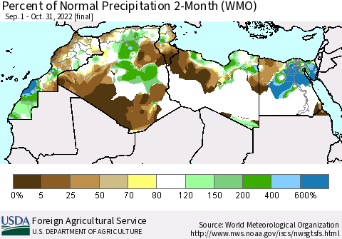 North Africa Percent of Normal Precipitation 2-Month (WMO) Thematic Map For 9/1/2022 - 10/31/2022